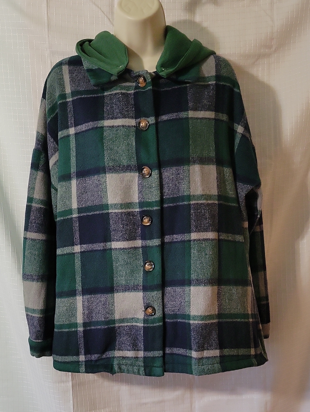 Yoeyez Green Plaid Button-Front Jacket with Detachable Hood, Size S